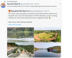Hon’ble Prime Minister appreciated the efforts towards sustainable growth and eco-tourism by Coal Sector.